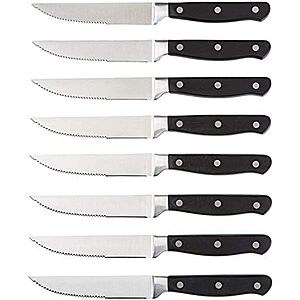 $15.73 | Amazon Basics 8-Piece Full Tang Stainless Steel Serrated Steak Knife Set, 4.5", Black at Amazon